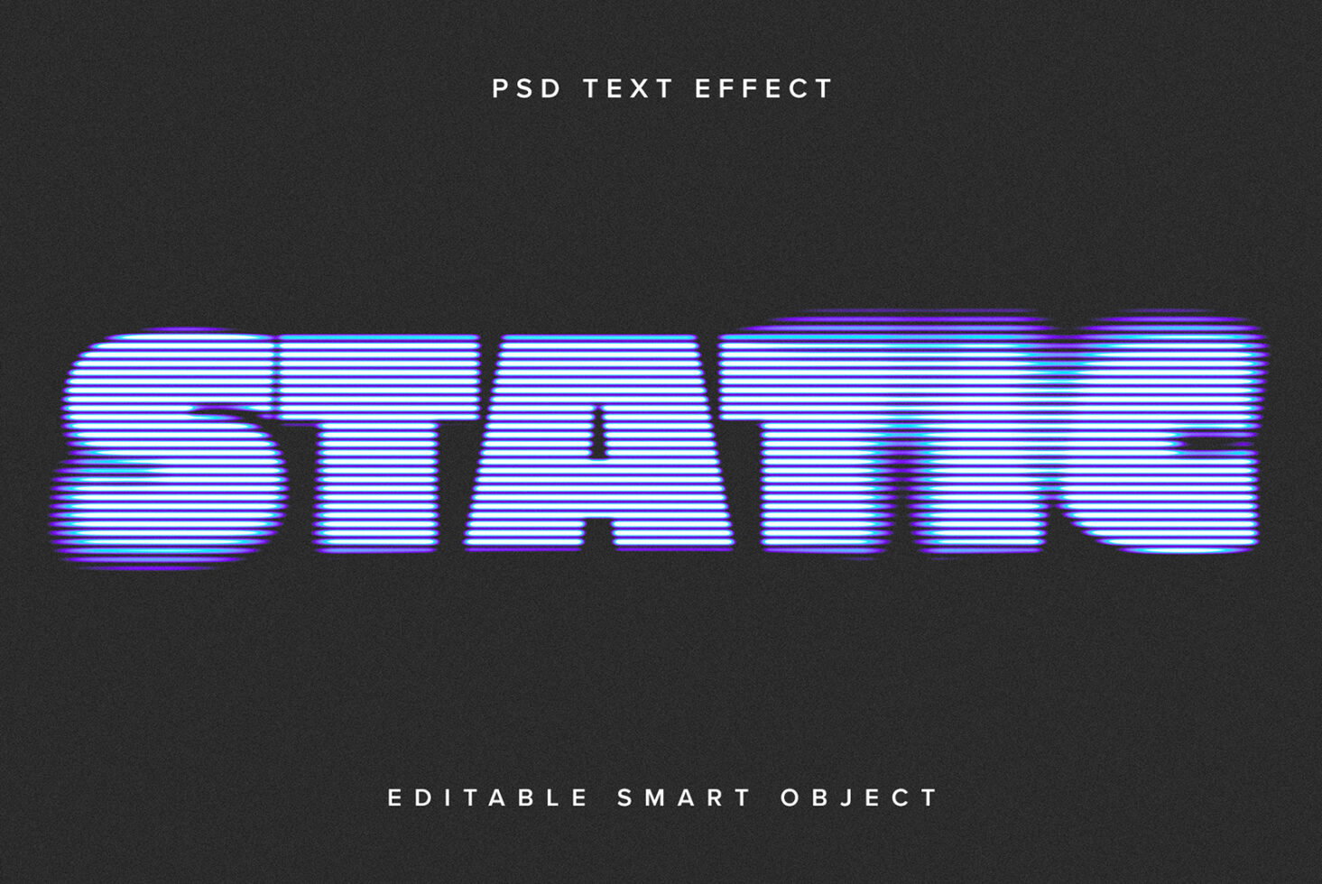 Glitch static text effect PSD with neon lines on black background ideal for designers using editable smart objects. Suitable for graphics and templates.