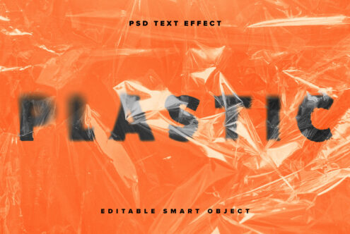PLASTIC text effect overlaid on crinkled clear plastic with orange background
