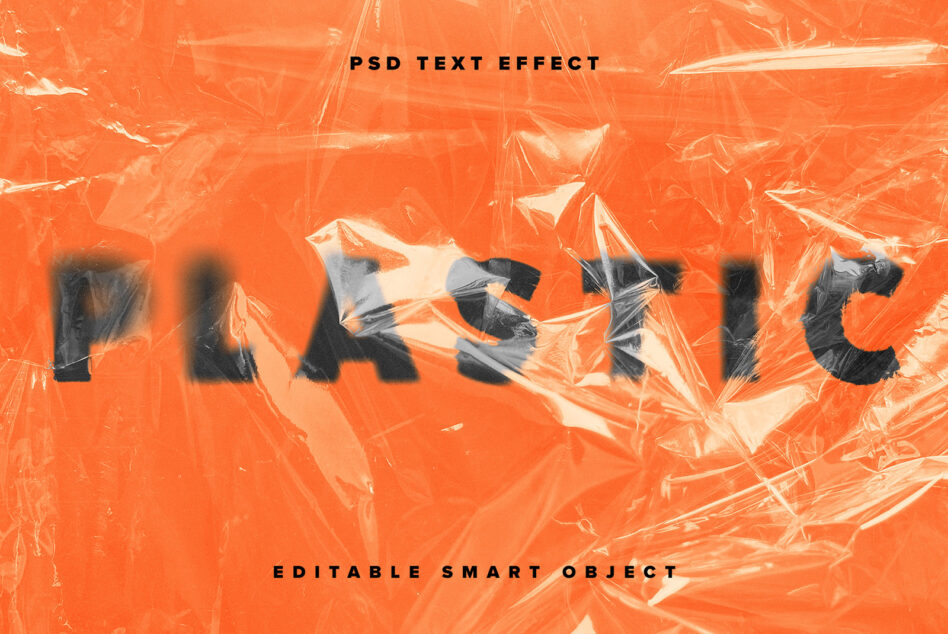 PLASTIC text effect overlaid on crinkled clear plastic with orange background