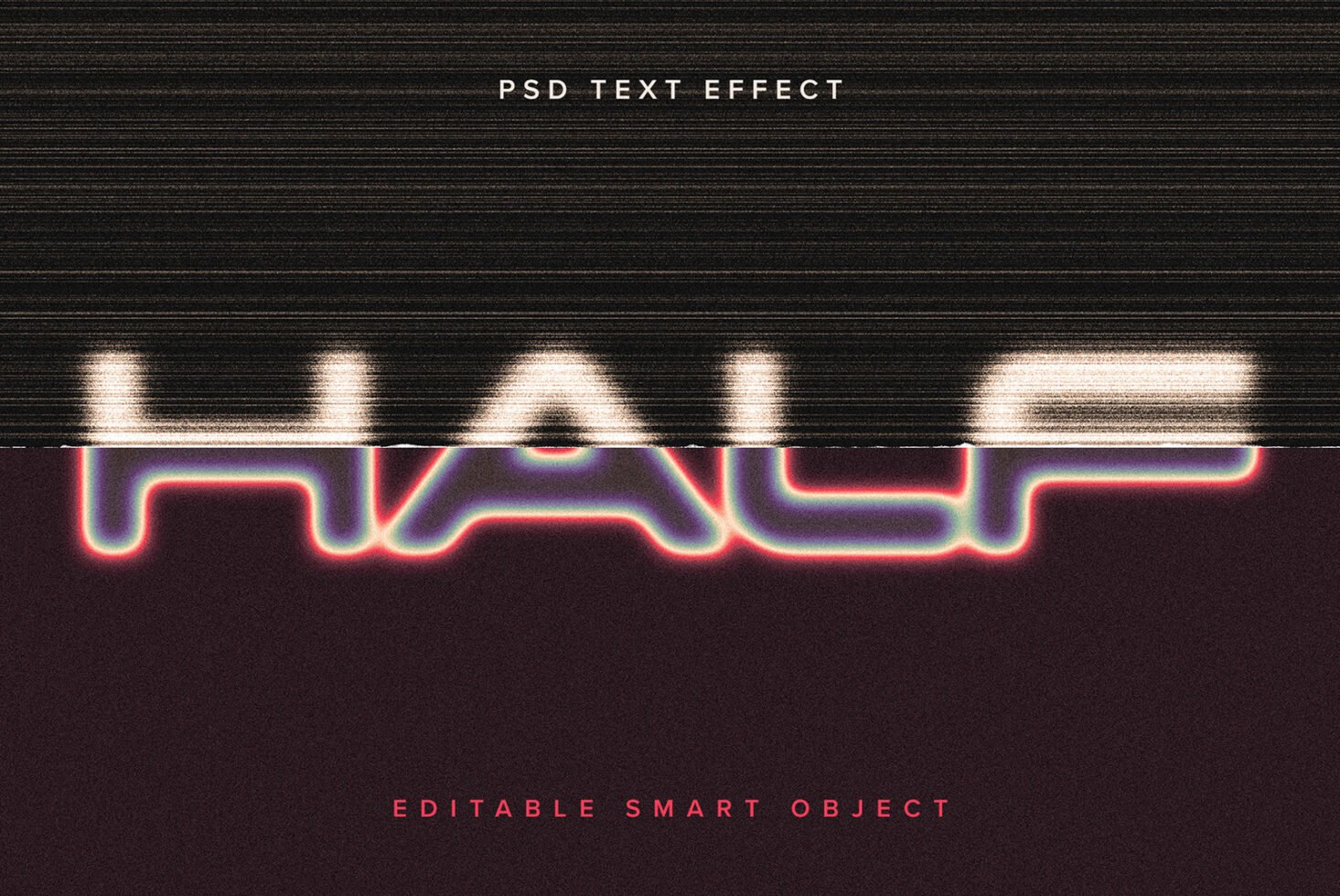 Futuristic PSD text effect mockup with glitch and neon colors for designers. Editable smart object ideal for graphics and templates.