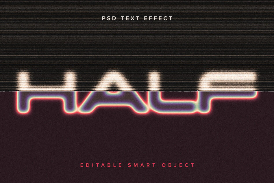 Futuristic PSD text effect mockup with glitch and neon colors for designers. Editable smart object ideal for graphics and templates.