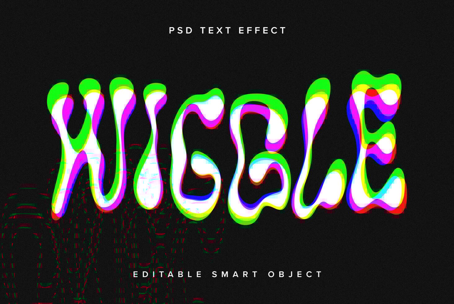 Colorful wiggle text PSD effect on black background for designers. Editable smart object for vibrant typography project. Perfect for creative templates.