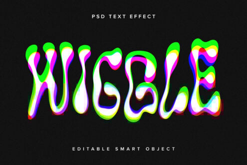 Colorful wiggle text PSD effect on black background for designers. Editable smart object for vibrant typography project. Perfect for creative templates.