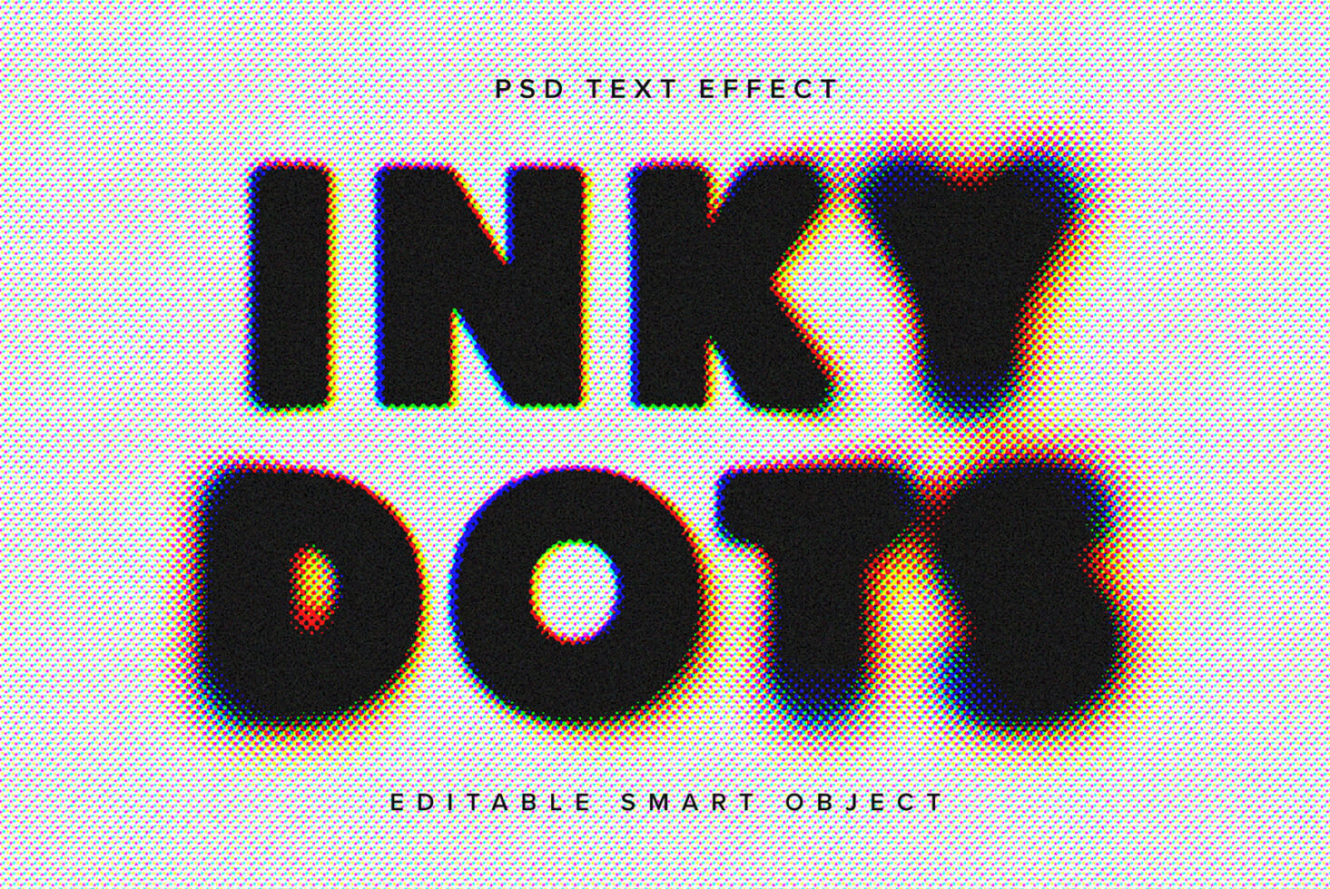 Halftone PSD text effect with colorful dots titled Inky Dots. Editable smart object for designers. Perfect for creating eye-catching graphic templates.