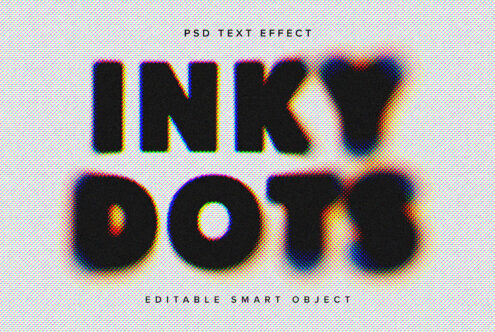 Halftone PSD text effect with colorful dots titled Inky Dots. Editable smart object for designers. Perfect for creating eye-catching graphic templates.