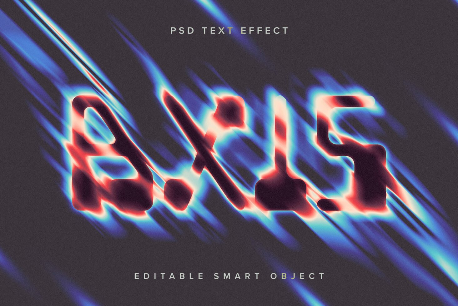 PSD text effect with glowing 3D distorted letters in neon colors on dark background. Editable smart object suitable for graphic design projects.