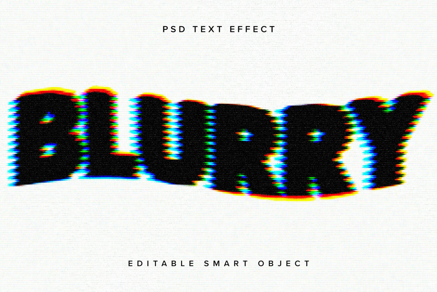 Glitch text effect for designers with editable PSD smart object. Blurry bold letters with RGB distortion. Perfect for creative graphic design projects.