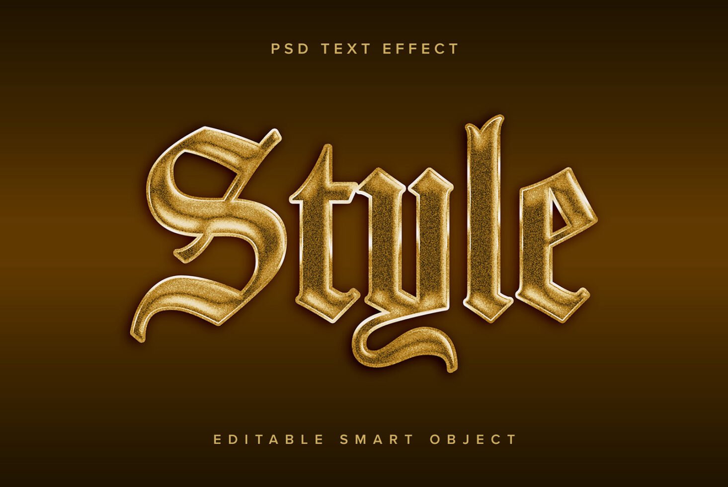 Golden text effect reading Style in a vintage font on brown background. PSD editable smart object. Perfect for graphic design and typography projects.