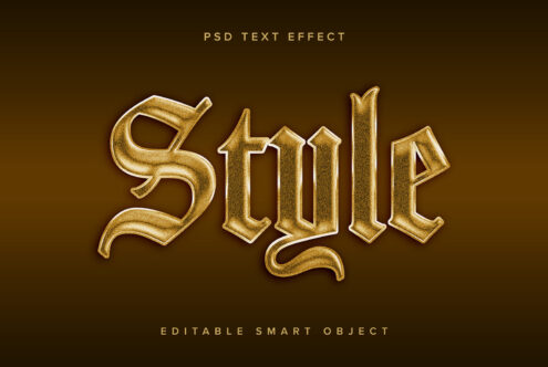 Golden text effect reading Style in a vintage font on brown background. PSD editable smart object. Perfect for graphic design and typography projects.