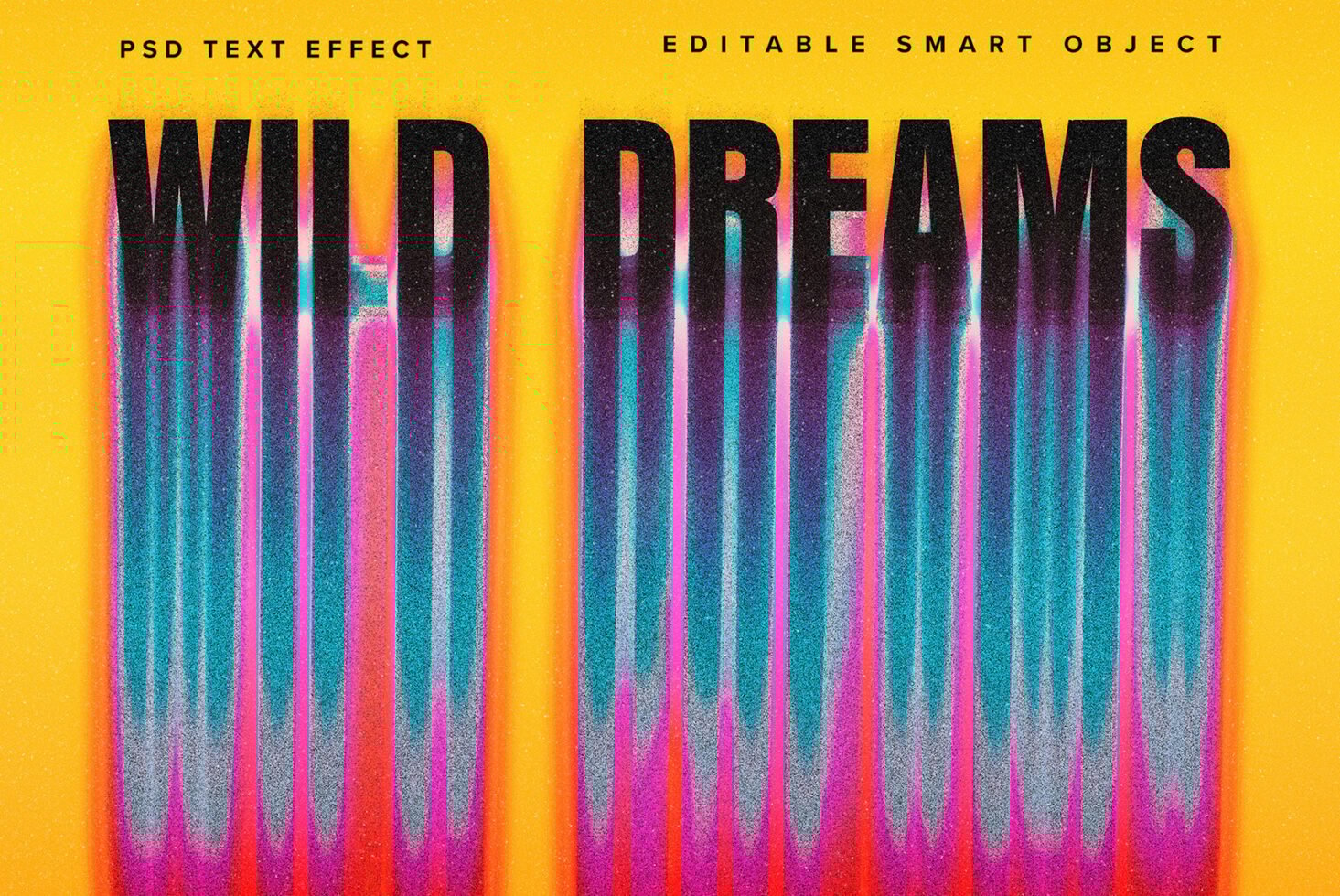Bold text effect PSD with vibrant colors and gradients on yellow background for designers. Editable smart object for unique font styles and graphics.