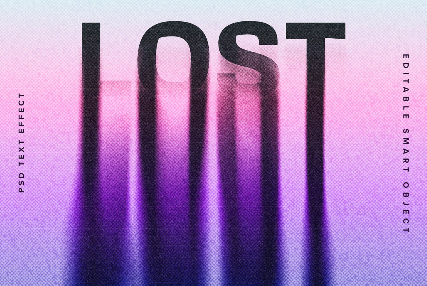 PSD text effect graphic with lost text in bold black on pink purple gradient backdrop. Editable smart object ideal for mockups and design templates.
