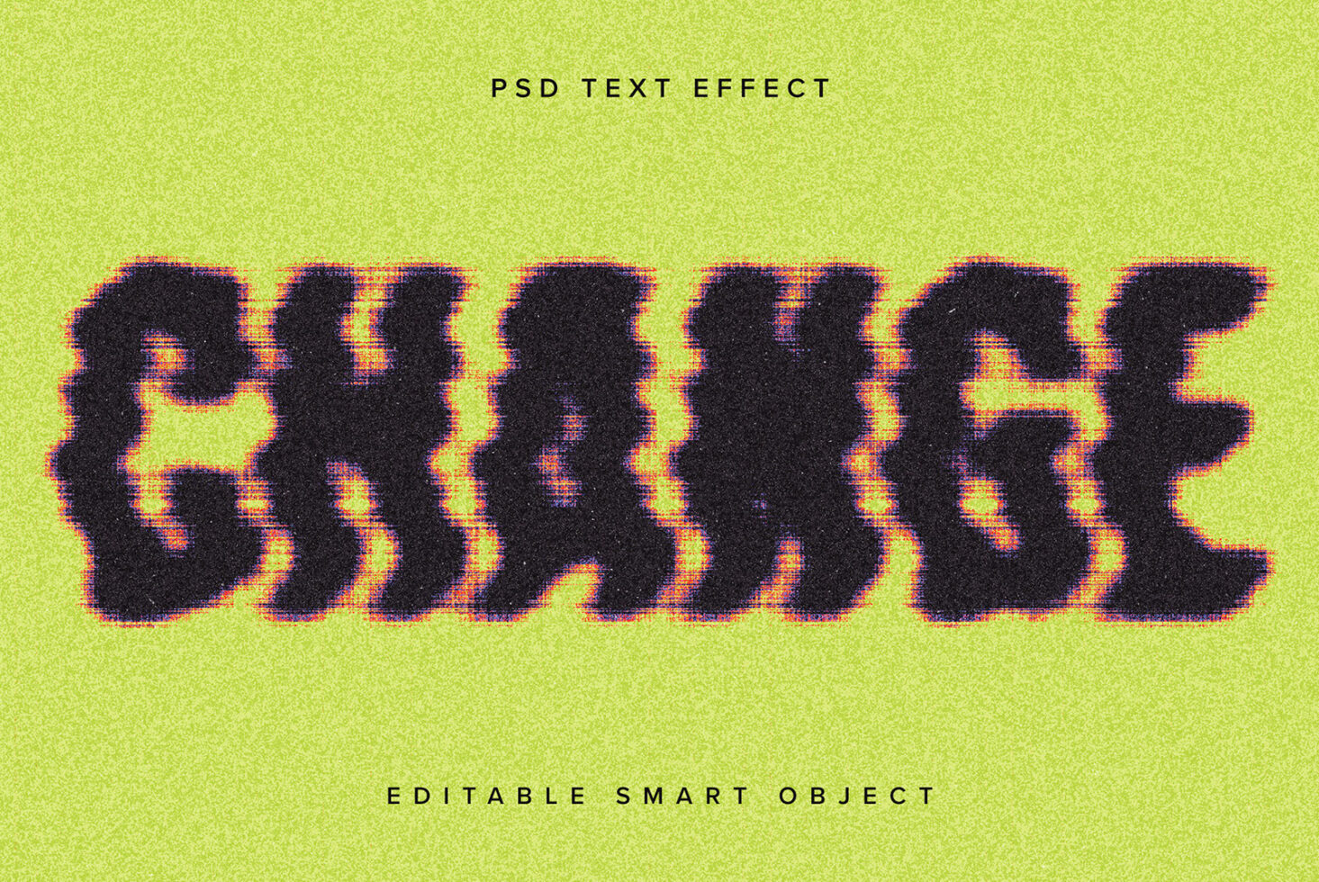 Glitch text effect on yellow background with PSD format for designers. Editable smart object ideal for graphics, typography, templates, mockups.