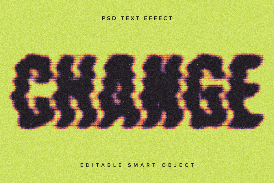 Pixelated text with chromatic aberration on bright lime green background