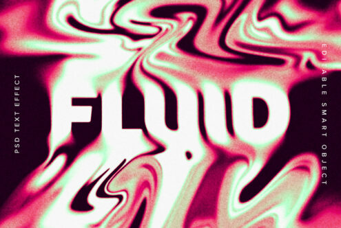 Liquid neon distorted FLUID text centered over psychedelic magenta pink green gradients