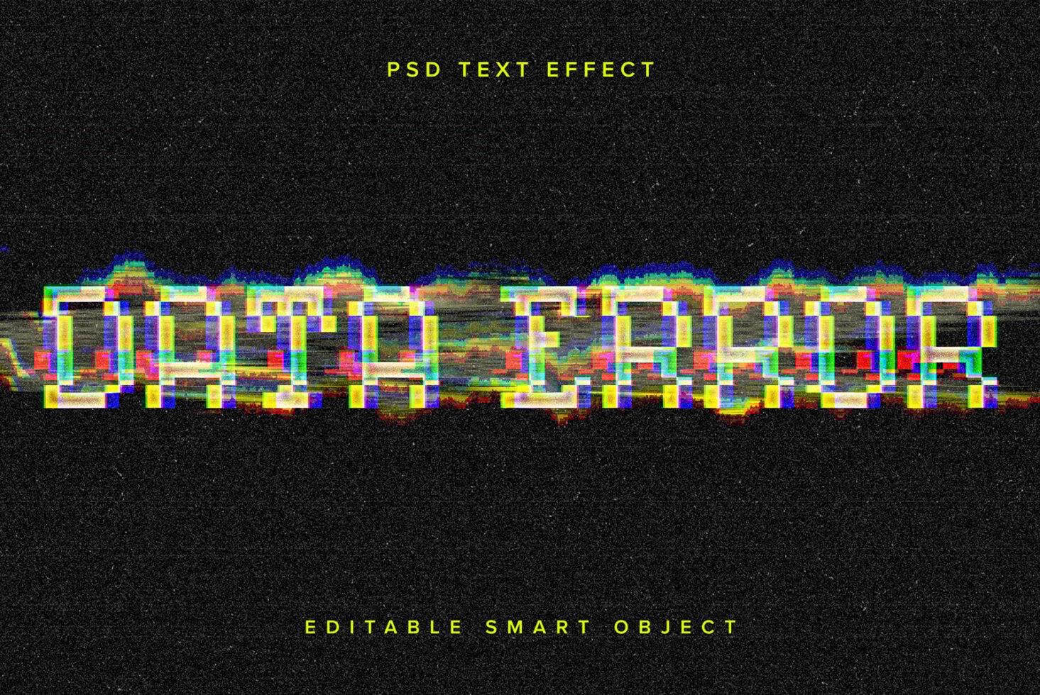 PSD text effect featuring glitchy data error theme on black background. Editable smart object ideal for designers. Keywords: Mockup, Text Effect, Graphic.