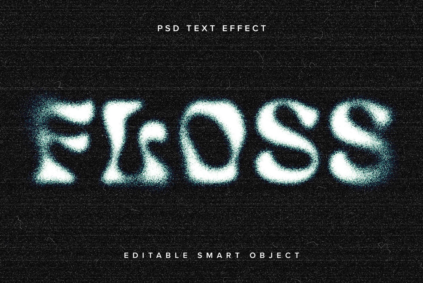 Glitch text effect PSD titled Floss with editable smart object for designers. Ideal for creating unique digital graphics or modern typography templates.