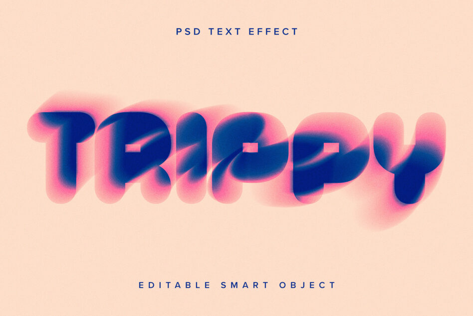 Soft peach background with blue gradient text spelling TRIPPY, blurry pink glow effect
