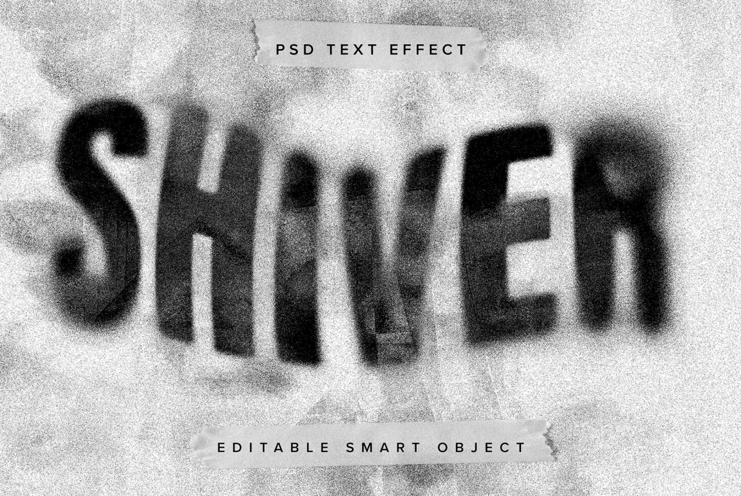 Grainy PSD text effect template for designers, displaying blurred word shiver. Editable smart object perfect for graphics, mockups, typography.