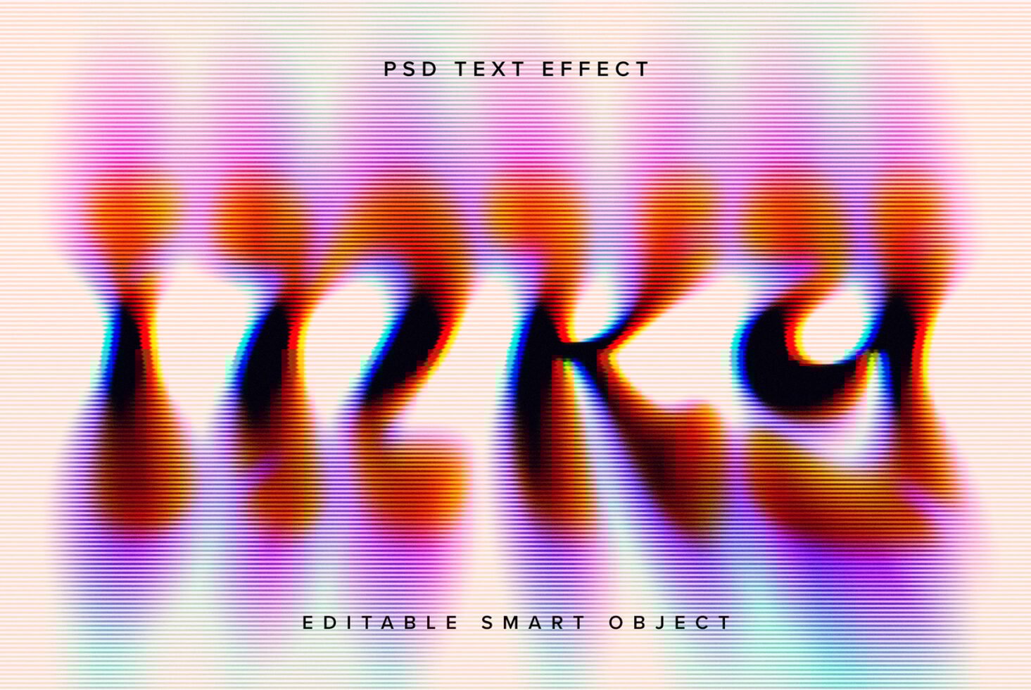 Glitchy text effect with vibrant colors in PSD format. Perfect for adding psychedelic style to designs. Editable smart object. Ideal for designers.
