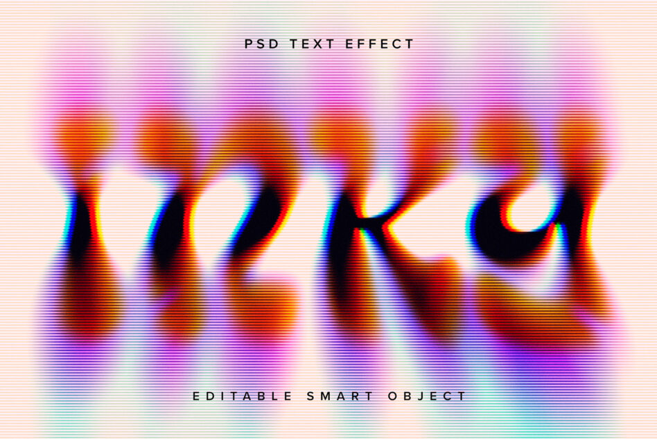 Colorful glitch text effect showing overlapping letters with horizontal scan lines