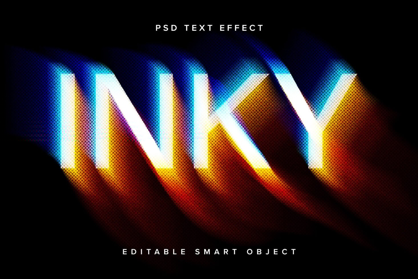 Colorful halftone text effect PSD with editable smart objects for designers. Vibrant typography template for graphic design. Bright neon inky style.