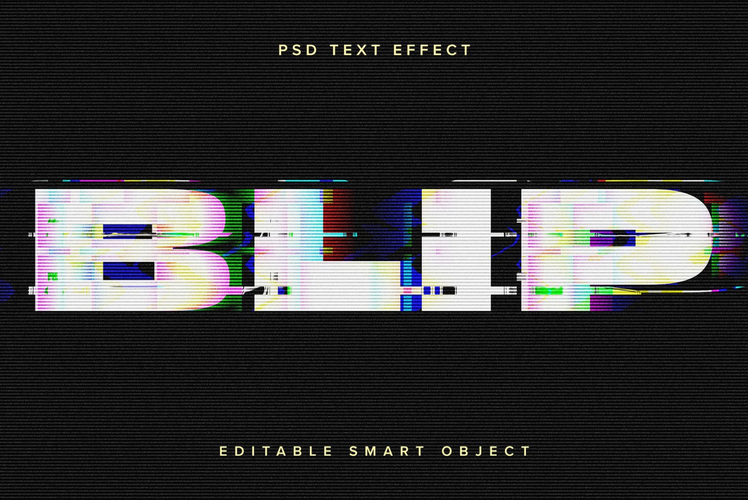 Glitch effect PSD text design for designers. Editable smart object with vibrant distorted colors. Ideal for digital assets, templates, graphics.