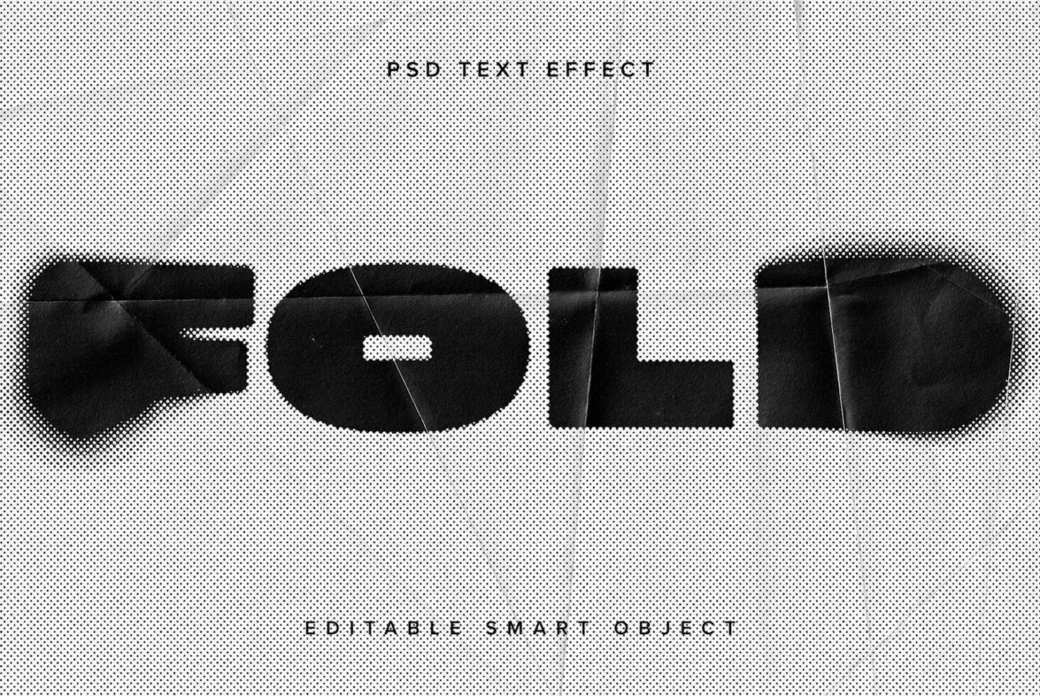 Fold text effect PSD with a textured, halftone style, ideal for designers wanting an editable smart object for unique typography mockups and templates.