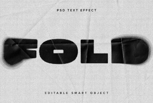 Fold text effect PSD with a textured, halftone style, ideal for designers wanting an editable smart object for unique typography mockups and templates.