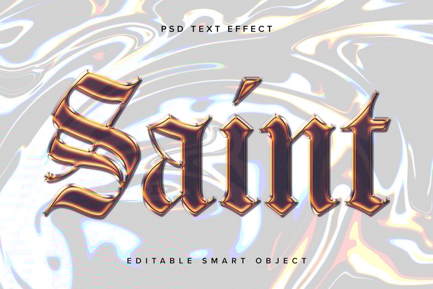 Gothic PSD text effect in metallic letters against a fluid abstract background suitable for designers; editable smart object for creative projects.