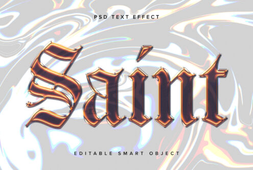 Gothic PSD text effect in metallic letters against a fluid abstract background suitable for designers; editable smart object for creative projects.