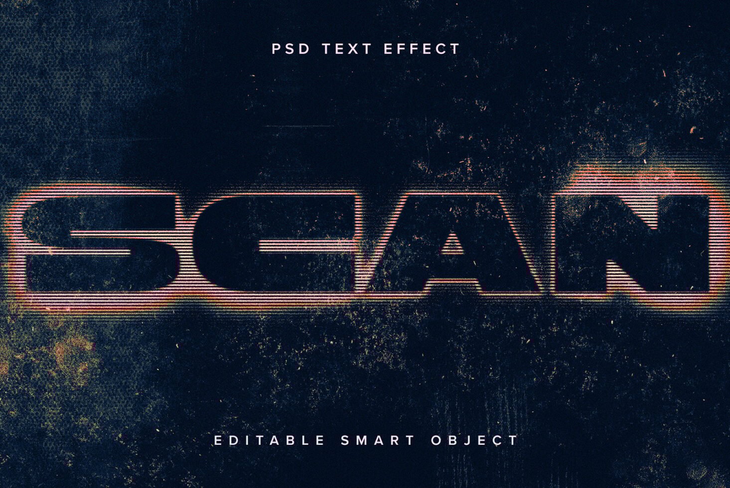 Retro scan text effect PSD with grunge style perfect for designers. Editable smart object ideal for graphics mockups fonts templates.