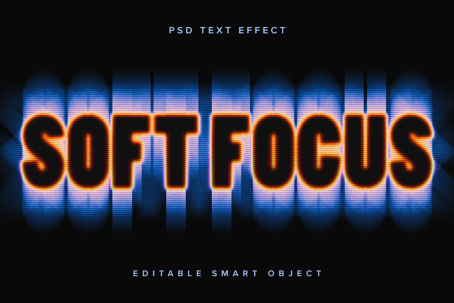 Soft Focus Text Effect PSD featuring editable smart object with neon glow. Ideal for designers seeking vibrant graphics for digital projects or templates.