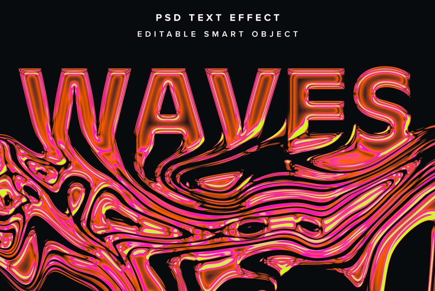 PSD text effect with vibrant orange pink waves on black background editable smart object graphic design template for designers.