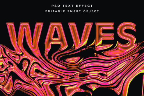 PSD text effect with vibrant orange pink waves on black background editable smart object graphic design template for designers.