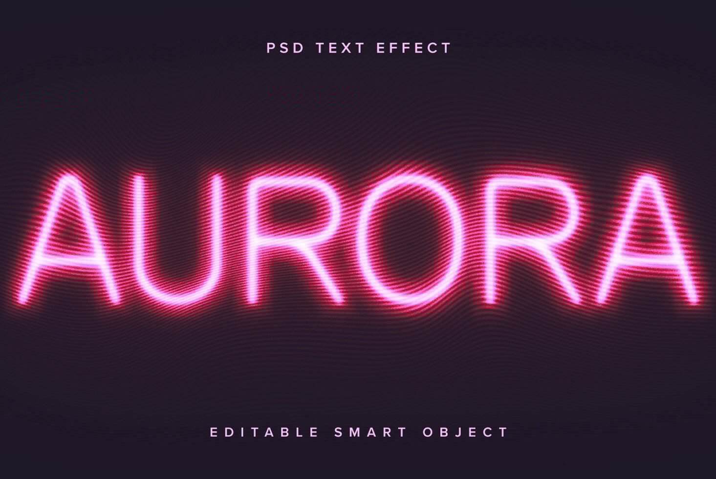 Neon pink text effect reading AURORA on a dark background; PSD editable smart object ideal for designers seeking vibrant templates and graphic mockups.