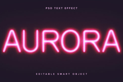 Neon pink text effect reading AURORA on a dark background; PSD editable smart object ideal for designers seeking vibrant templates and graphic mockups.