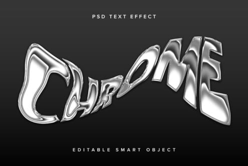 Chrome text effect template featuring reflective metallic typography on a dark gradient background editable PSD smart object for designers and creatives.