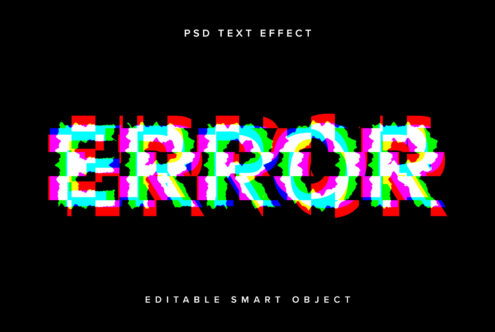 Glitch text effect with the word ERROR on black background. PSD template for designers. Editable smart object. Digital asset for graphics and mockups.
