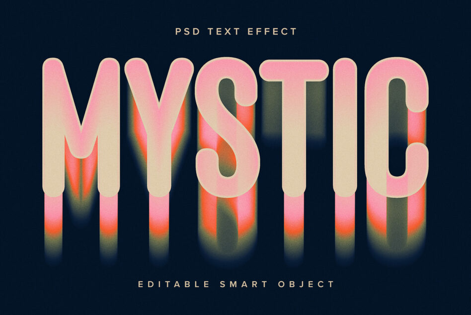 Large MYSTIC text with pink gradient fill dark background