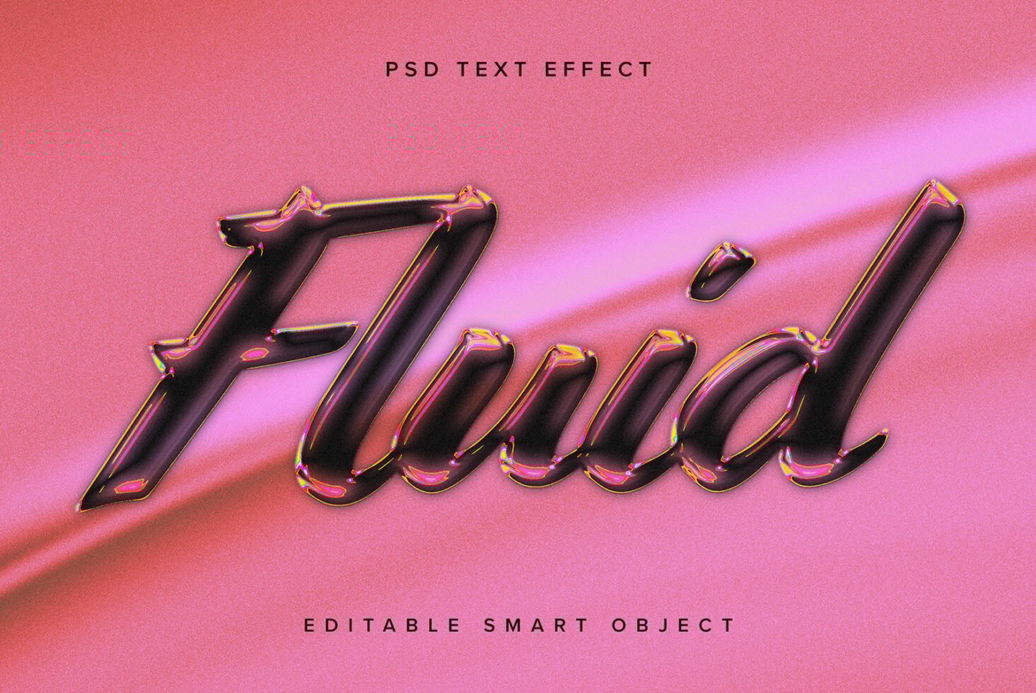 Fluid text effect in glossy black on pink background PSD template for designers Editable smart object for creating eye-catching typography graphics