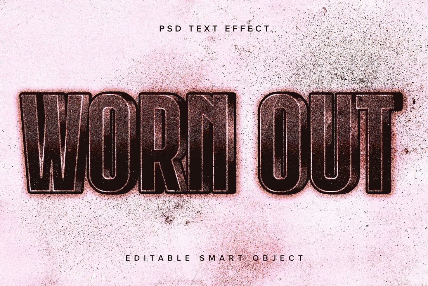 Worn out PSD text effect in a distressed style on pink background ideal for graphic design projects. Editable smart object for creative typography mockups.
