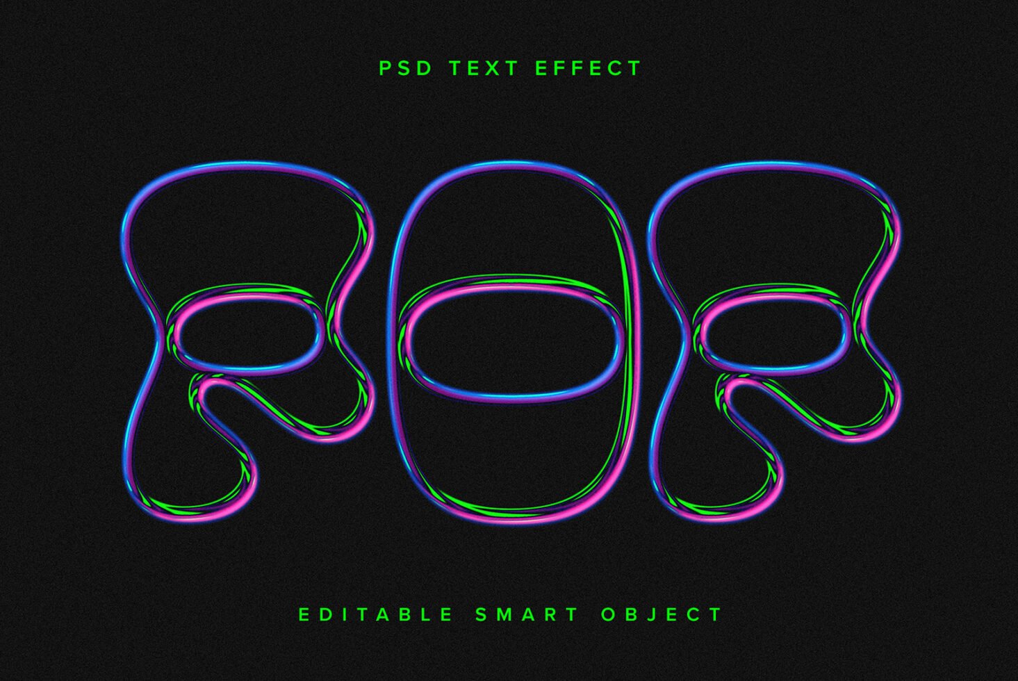 Abstract PSD text effect on black background with neon colors. Editable smart object for graphics designers. Vibrant typography template for creative use.