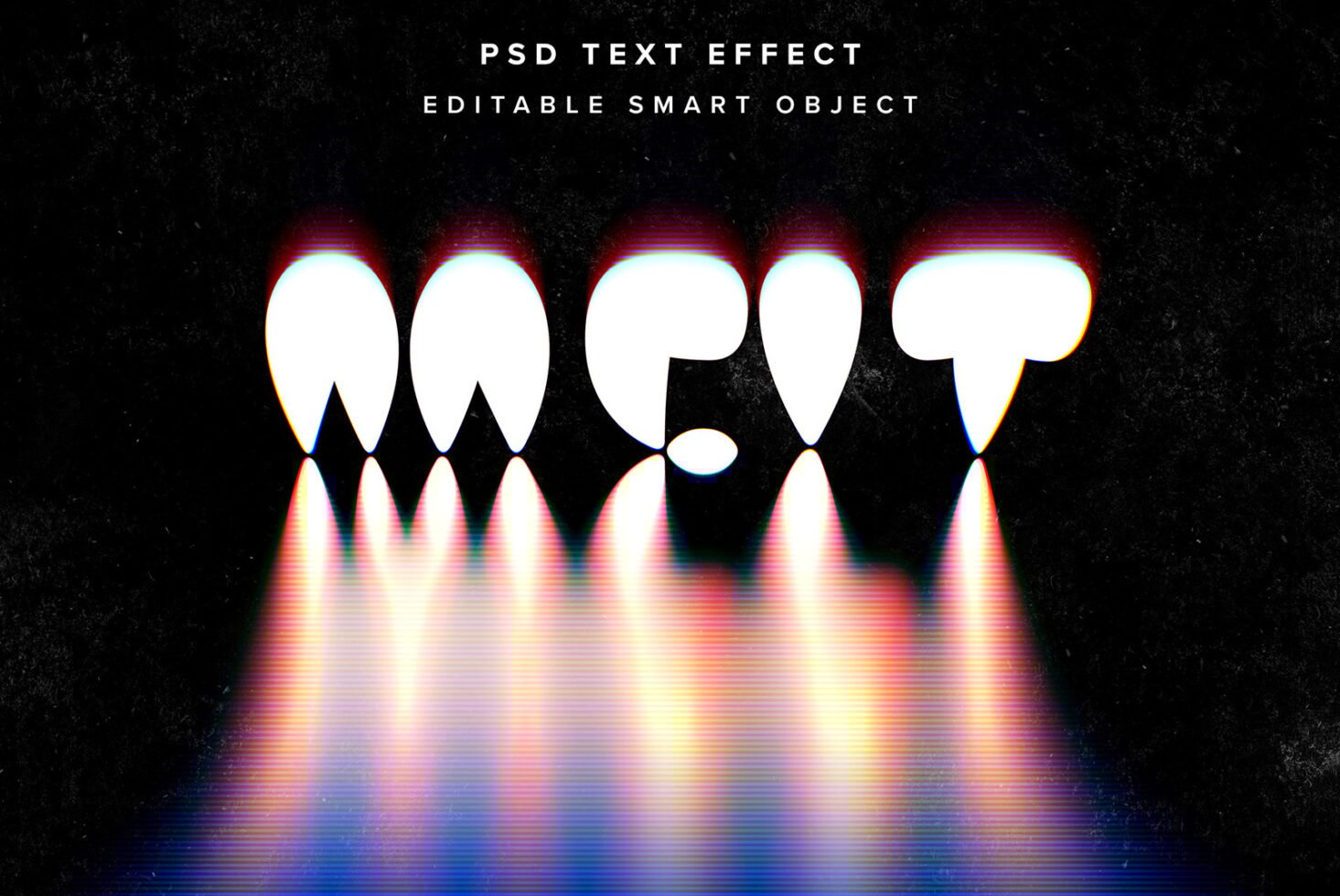 Glowing distorted text effect template with gradient light reflections on dark background PSD text effect editable for designers in mockups graphics