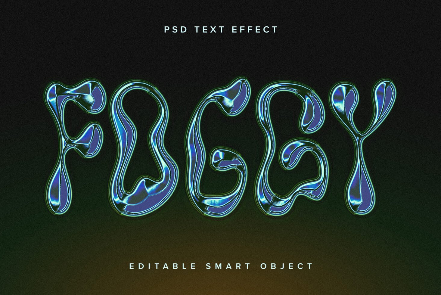 Glowing liquid chrome text effect labeled Foggy. PSD format editable for designers. Abstract 3D typography for graphics, templates, mockups.