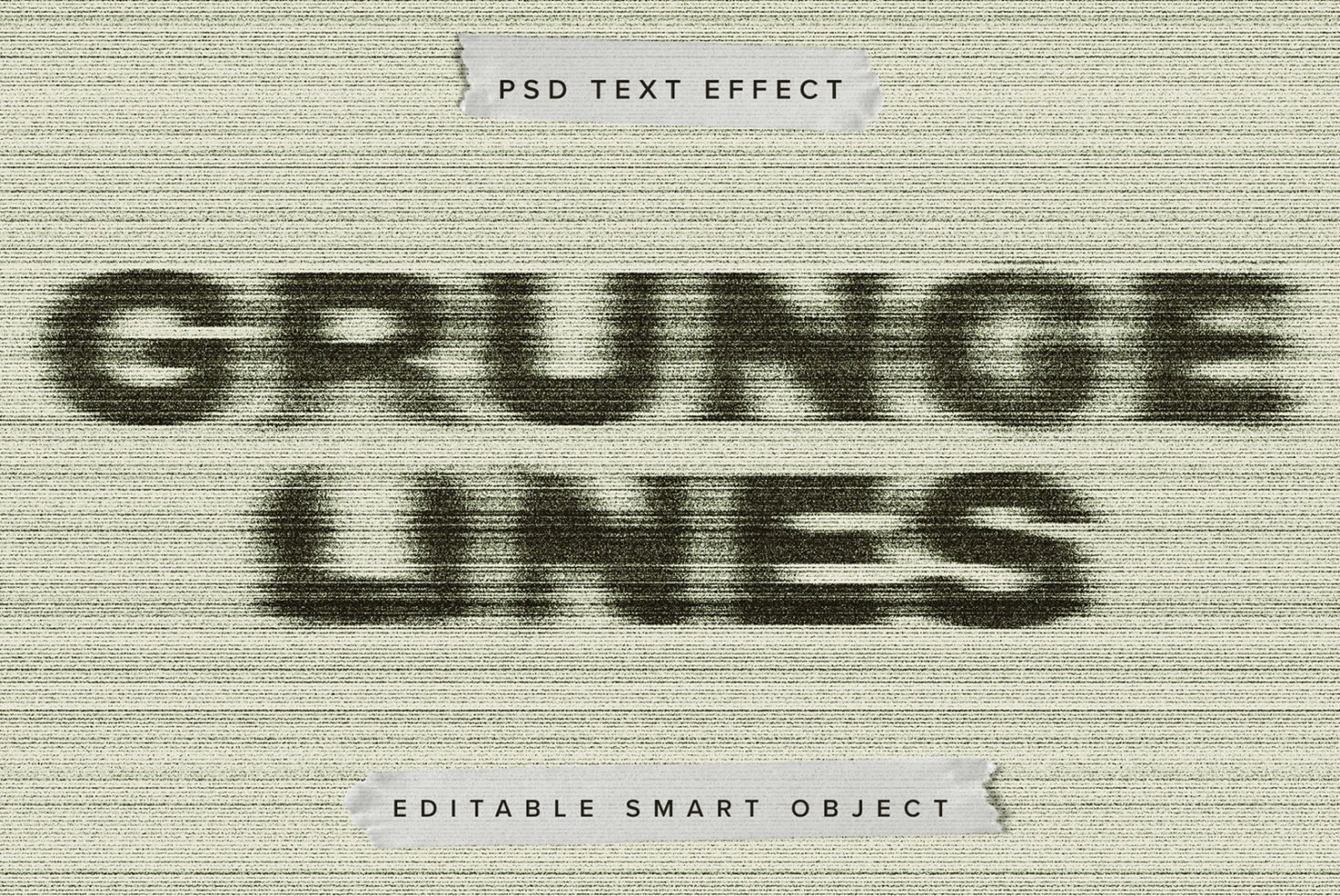 Grunge Lines PSD text effect mockup with horizontal lines pattern. Editable smart object for designers seeking vintage graphics and textures.