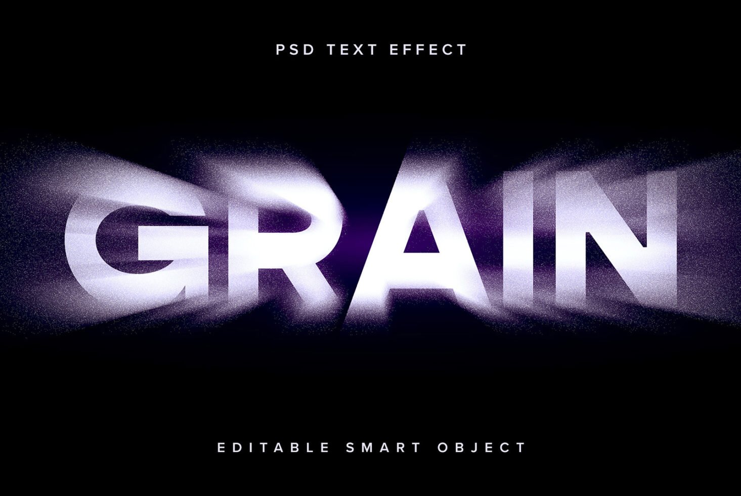 PSD text effect showcasing grainy motion blur in bold capital letters on dark background. Editable smart object ideal for graphic design templates.