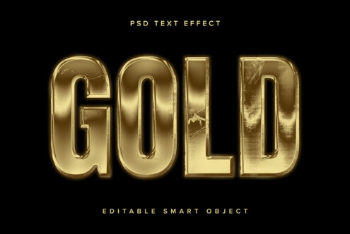 Gold text effect mockup displaying metallic letters in a PSD editable smart object format ideal for designers seeking striking typography templates.