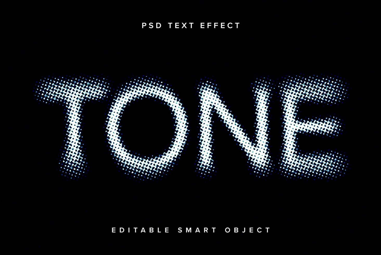 PSD text effect template with editable halftone smart object spelling TONE on black background. Ideal for designers seeking unique graphic styles.