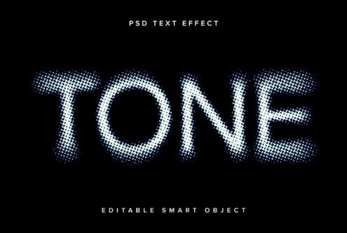PSD text effect template with editable halftone smart object spelling TONE on black background. Ideal for designers seeking unique graphic styles.