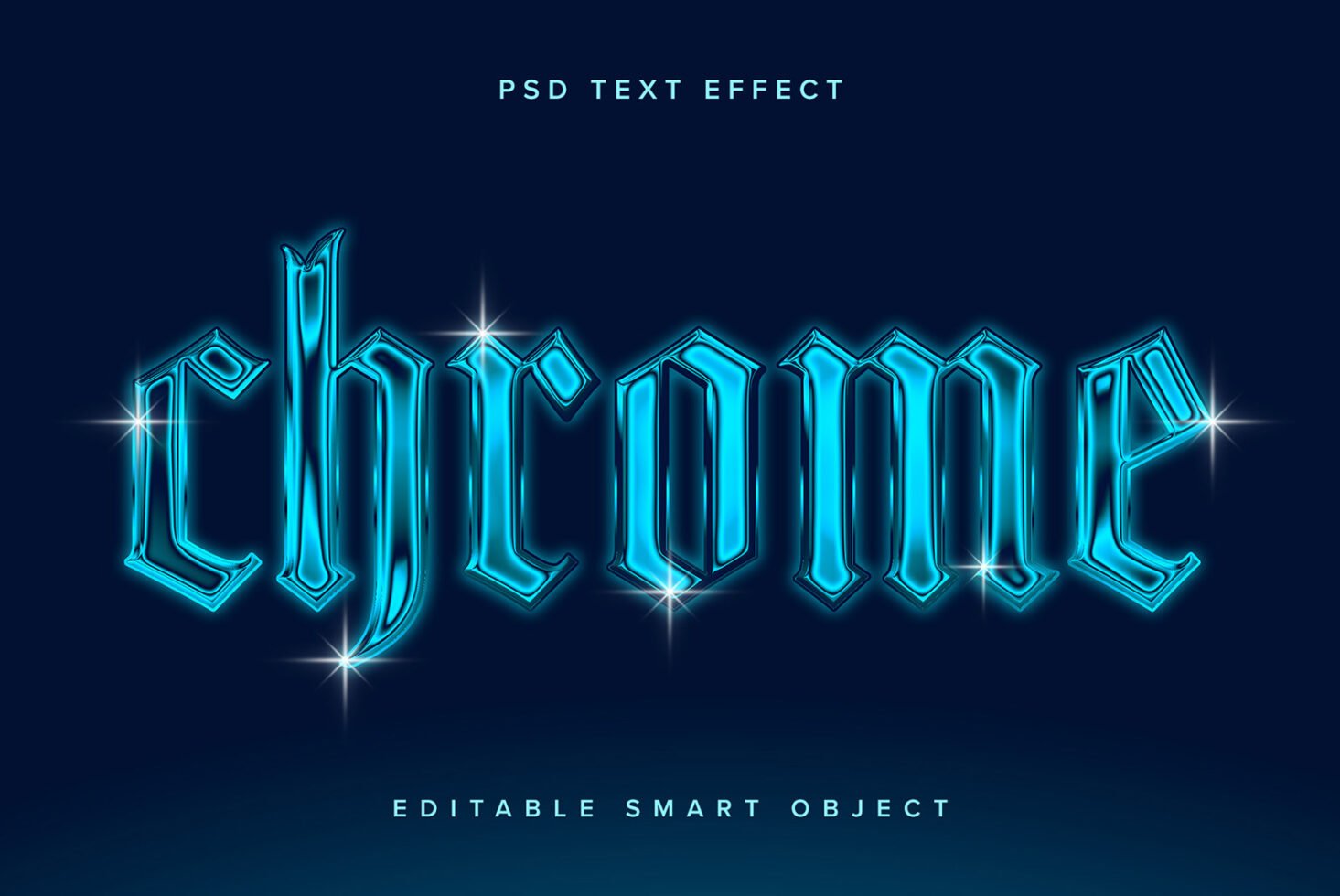 Blue 3D chrome effect text on dark background designed as a PSD text effect. Editable smart object for mockups templates graphics designers.
